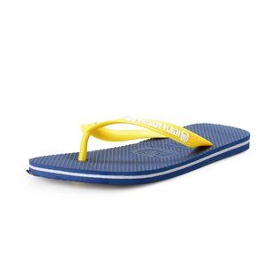 Philipp Plein Men's Navy Blue/Yellow Rubber Logo Print Flip Flops Shoes